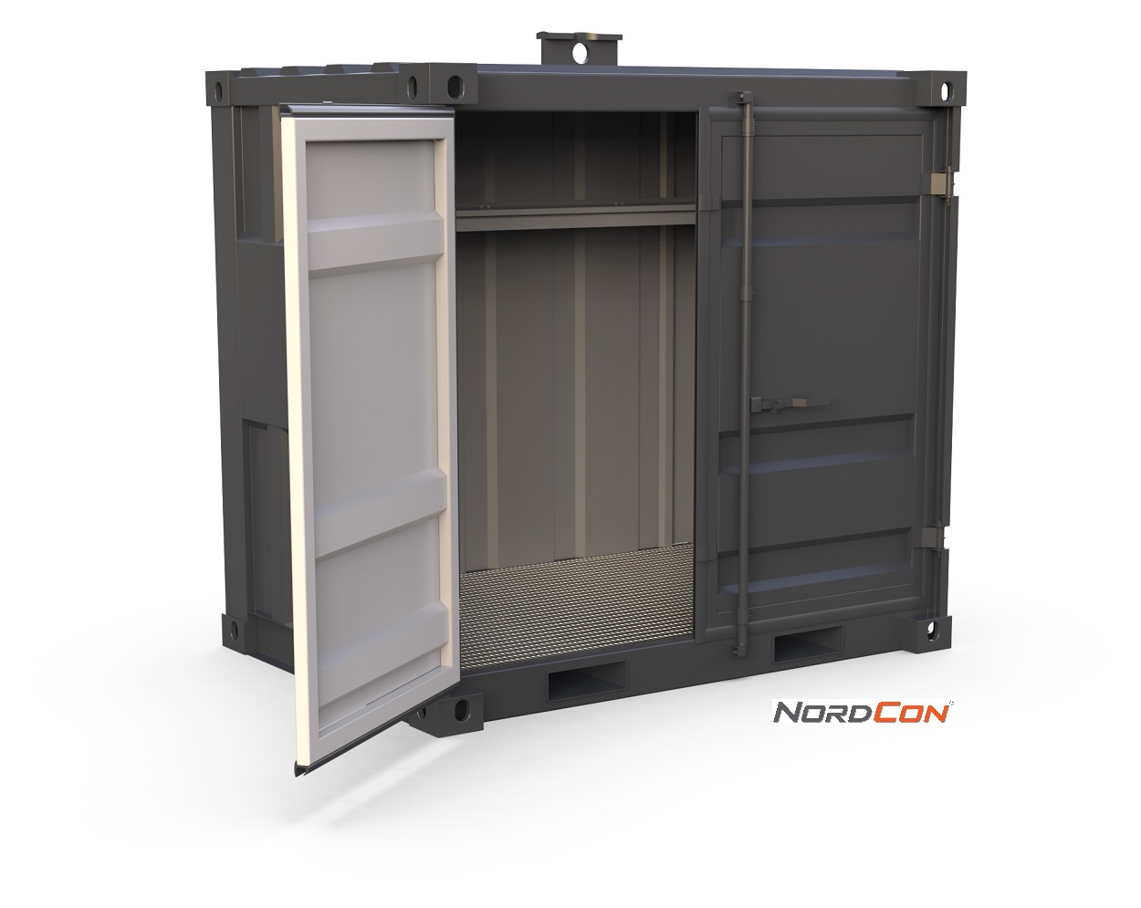Bildet viser en grå miljøcontainer med åpen dør